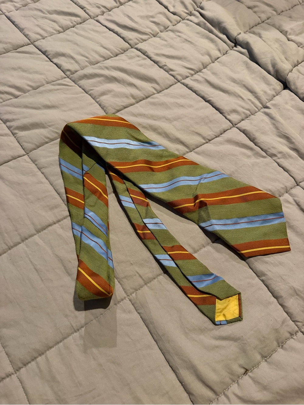 Olive Green Tie with Light Blue and Rust Stripes